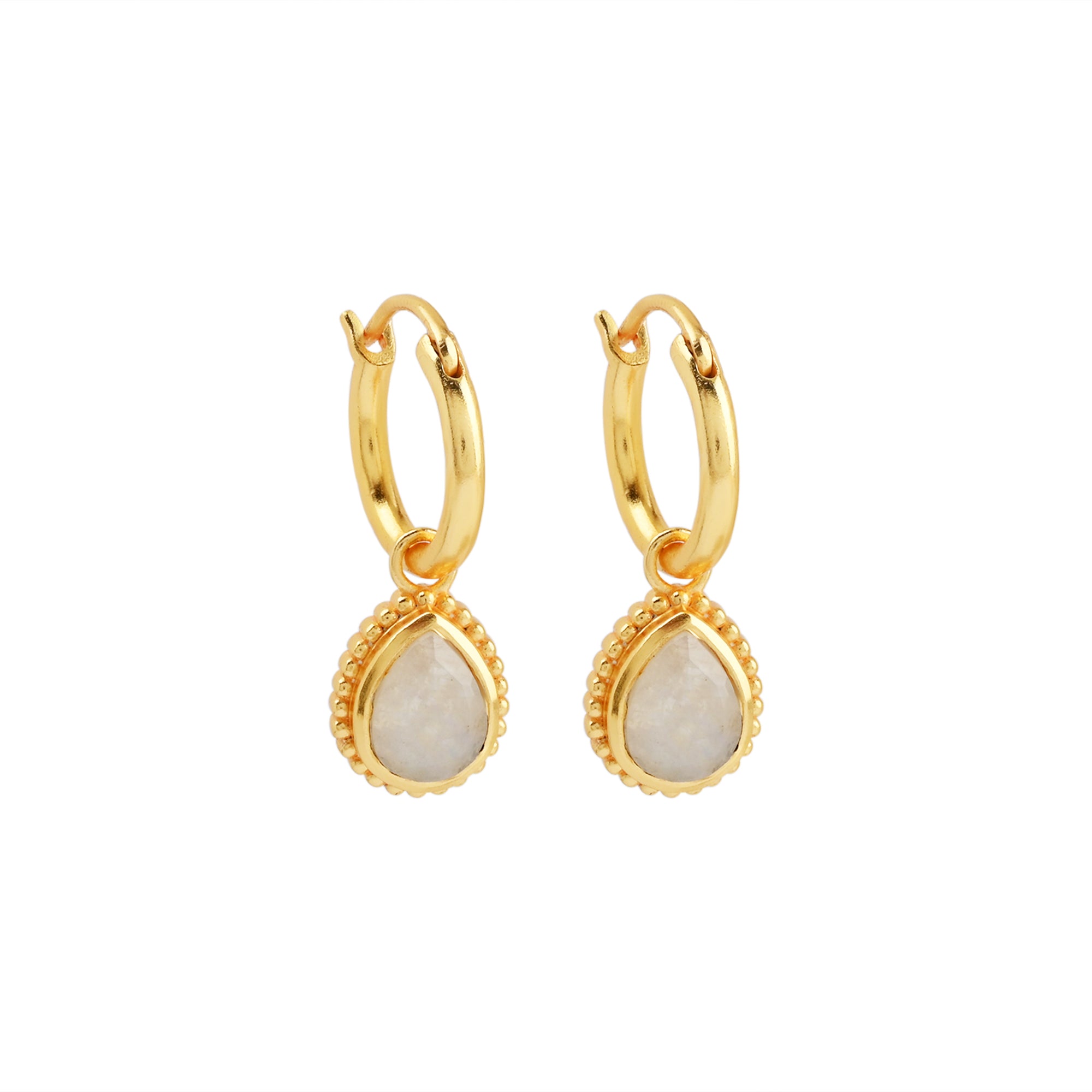 Moonstone hoop earrings, gold hoop drop earrings, moonstone jewellery Australia, Susan Rose Jewellery, everyday gemstone earrings, dainty drop earrings, lightweight gold earrings, boho luxe earrings, minimal gemstone jewellery, feminine moonstone accessories