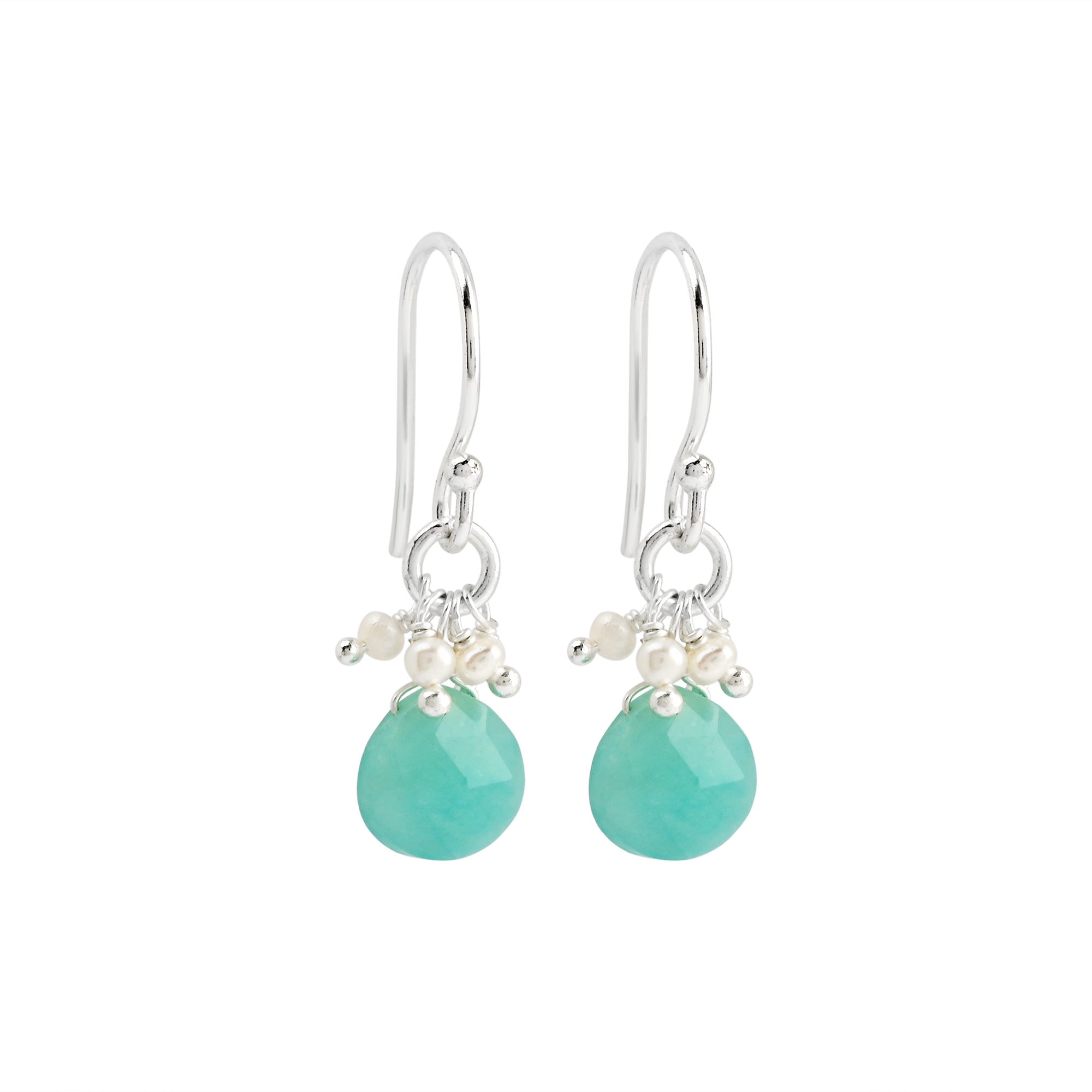 Amazonite and pearl earrings, silver drop earrings, boho gemstone jewellery, Susan Rose Jewellery, beach-inspired accessories, Australian handmade earrings, coastal fashion jewellery, silver Amazonite drops, freshwater pearl earrings