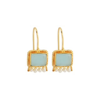 Aqua Chalcedony earrings, blue and pearl drop earrings, ocean-inspired jewellery, Susan Rose Jewellery, boho earrings Australia, handmade gemstone earrings, gold aqua earrings, coastal fashion accessories