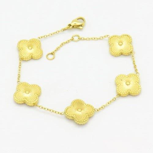 gold clover bracelet, stainless steel floral bracelet, adjustable charm bracelet, gold dainty bracelet, lucky charm bangle