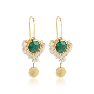 emerald moonstone earrings, green and white gemstone jewellery, gold drop earrings, handmade Australian earrings, Susan Rose jewellery, floral-inspired gemstone earrings