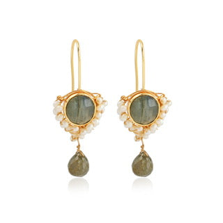 Ziva earrings, labradorite pearl earrings, vintage-inspired earrings, Susan Rose Jewellery, celestial drop earrings, boho luxe earrings, gold pearl gemstone earrings, Australian handmade jewellery, statement labradorite drops