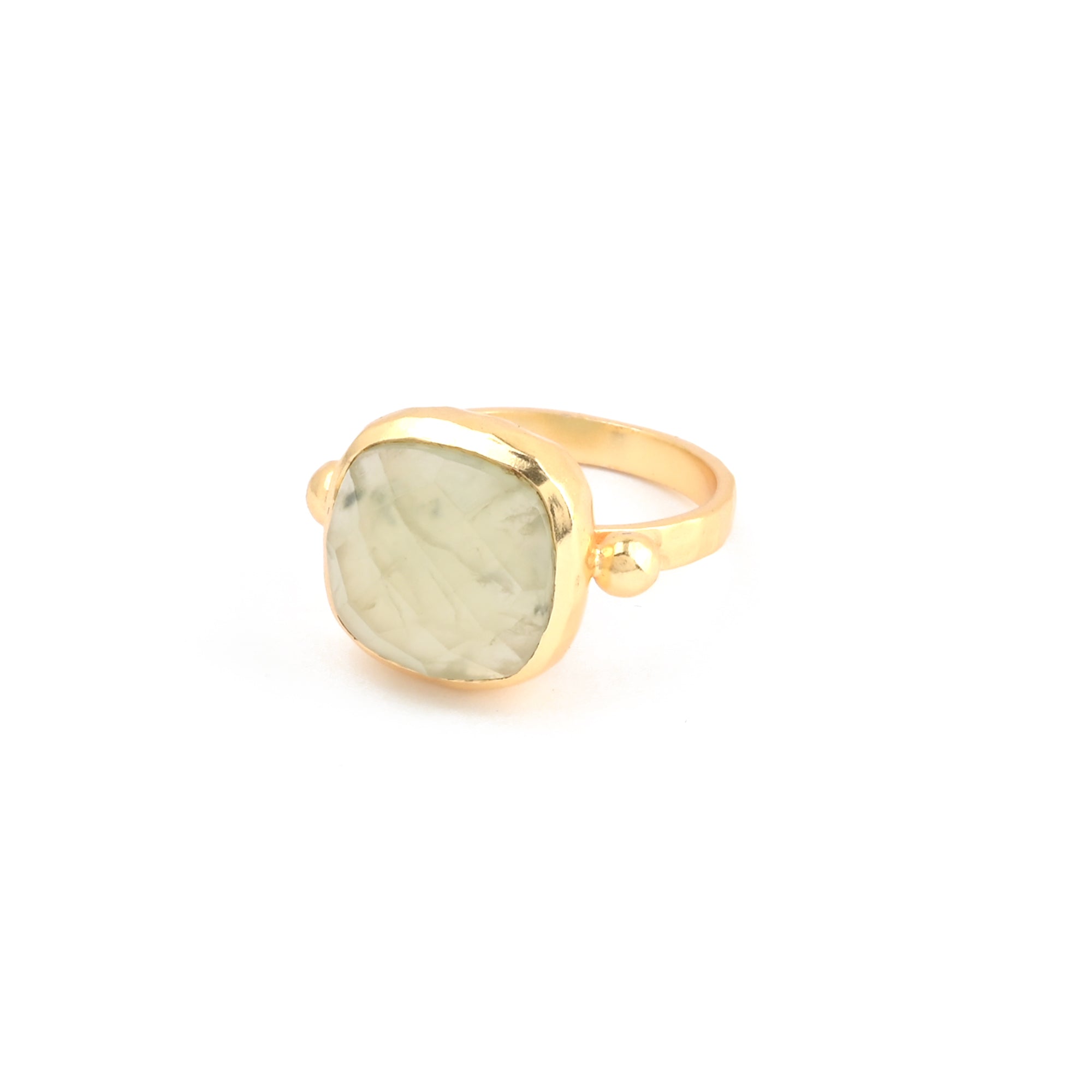 prehnite gold ring, green gemstone statement ring, calming crystal ring, handcrafted jewellery Australia, Susan Rose rings