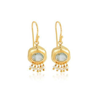aquamarine pearl earrings, dainty gemstone earrings, Susan Rose Jewellery, handmade Australian earrings, gold drop earrings, aquamarine jewellery, freshwater pearl earrings