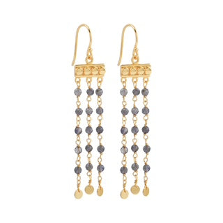 Iolite earrings, waterfall gemstone earrings, blue stone dangle earrings, Susan Rose Jewellery, Australian handmade jewellery, gold drop earrings, textured gold earrings, boho statement earrings