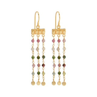 Tourmaline waterfall earrings, gemstone dangle earrings, colourful drop earrings, Susan Rose Jewellery, bohemian luxury earrings, tourmaline gold jewellery, Australian handmade earrings, multicoloured tourmaline drops