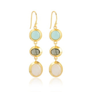 Asa earrings, multi-stone drop earrings, aqua chalcedony earrings, labradorite moonstone jewellery, gold boho earrings, Susan Rose Jewellery, gemstone dangles, handmade statement earrings, Australian designer earrings