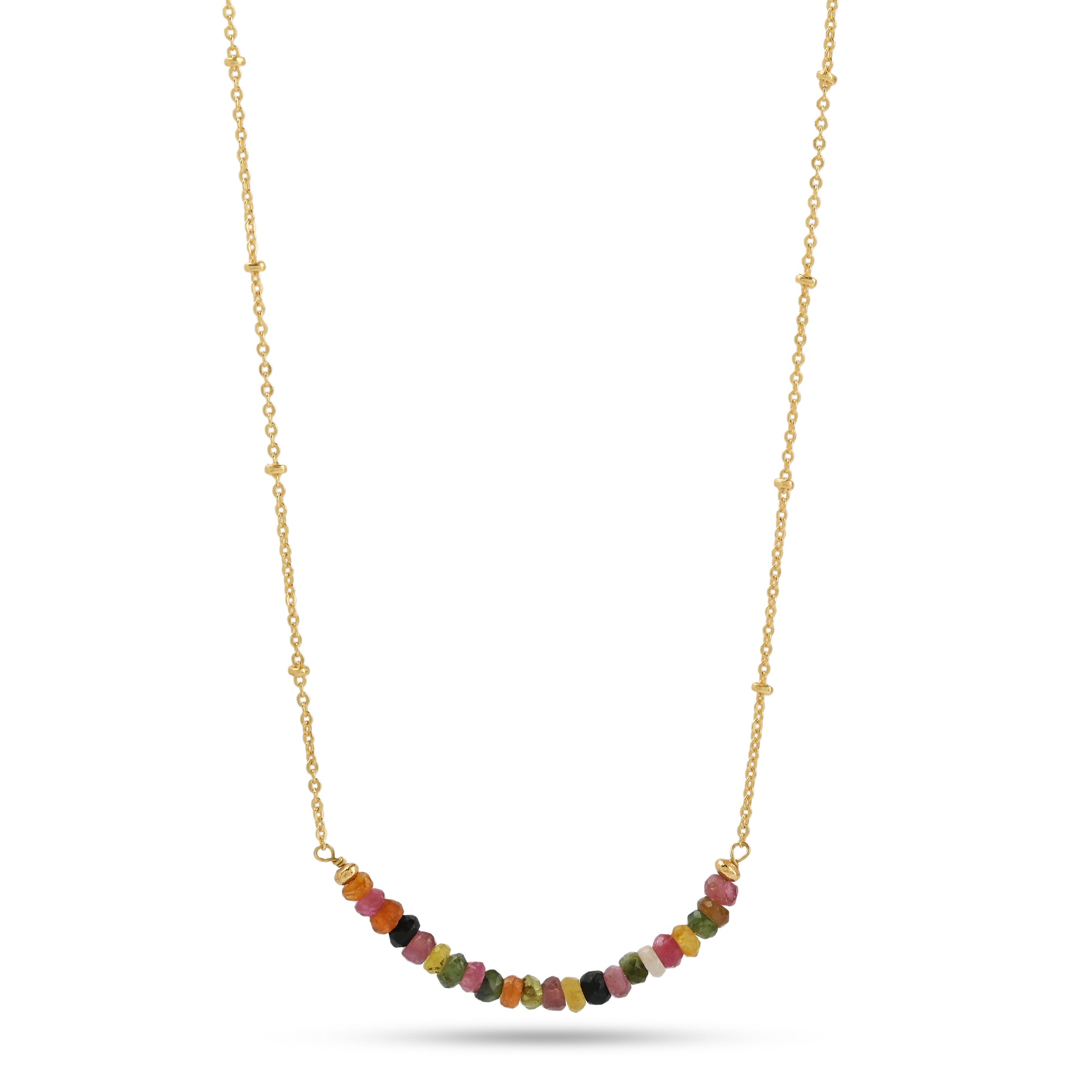 tourmaline beaded necklace, colourful gemstone necklace, rainbow tourmaline jewellery, dainty gold chain necklace, handcrafted jewellery Australia, Susan Rose necklaces