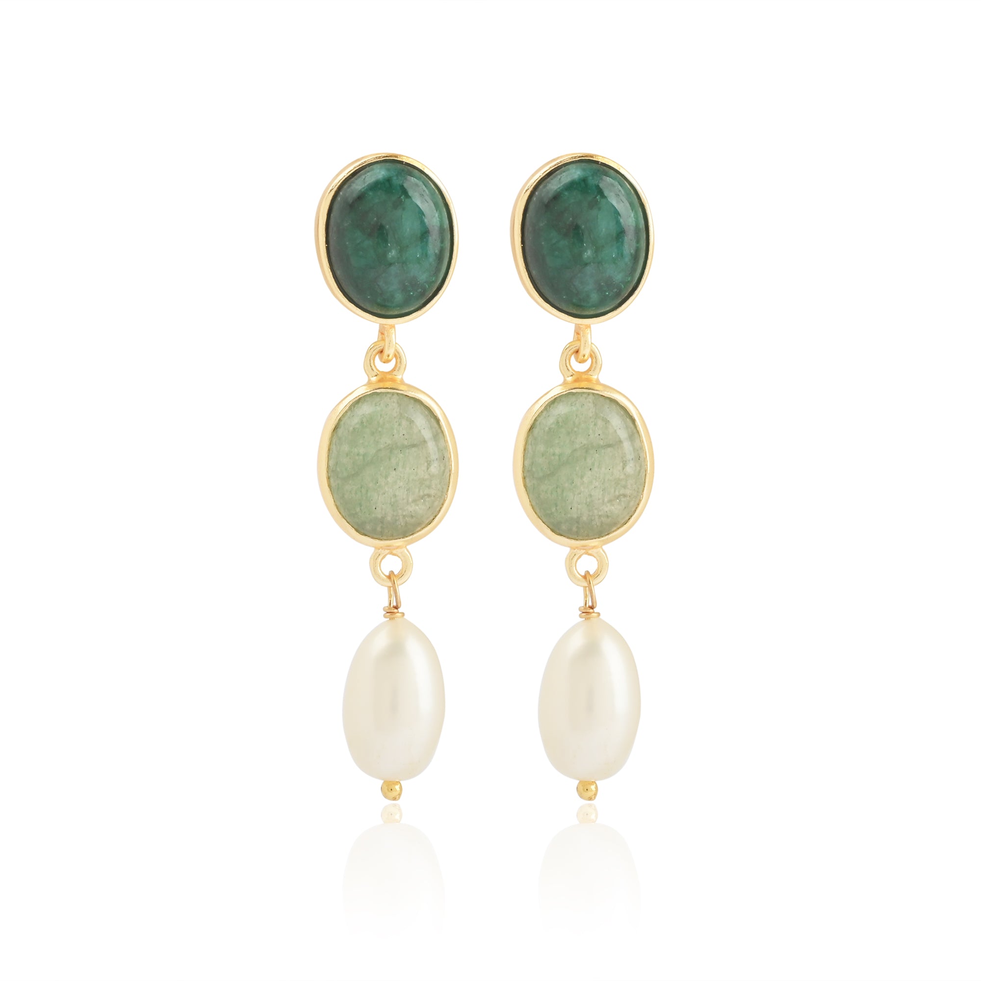 Emerald and pearl earrings, aventurine drop earrings, Susan Rose Jewellery, natural gemstone earrings, statement drop earrings, gold and green earrings, boho luxe earrings Australia, fine fashion jewellery, elegant event earrings, layered gemstone earrings