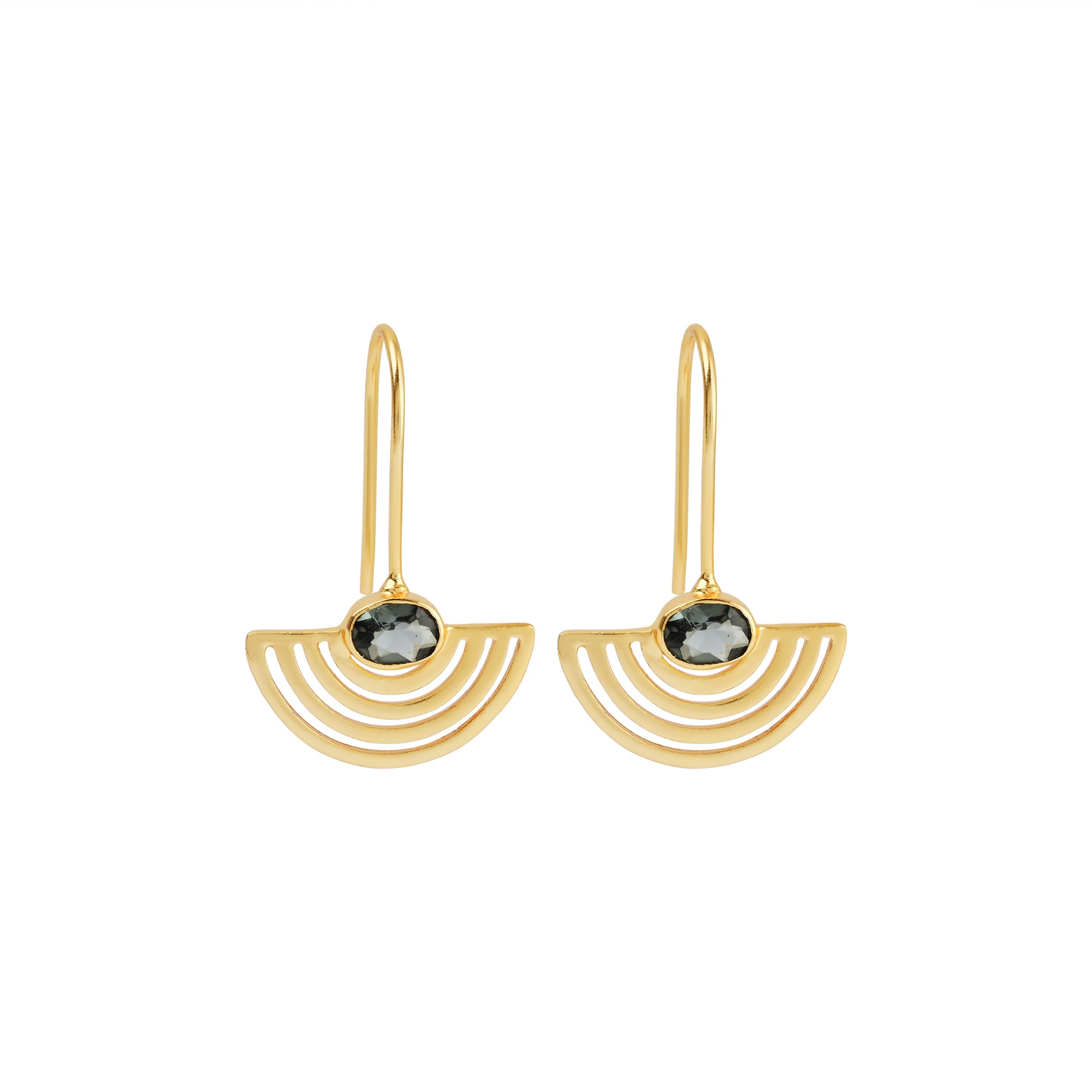 blue topaz gold earrings, modern geometric earrings, Susan Rose Jewellery, handmade Australian earrings, crescent fan jewellery, contemporary gemstone earrings, lightweight statement earrings, blue and gold earrings