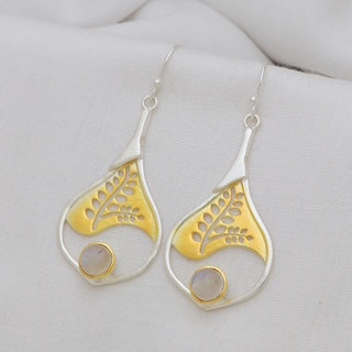 dual tone moonstone earrings, artisan leaf earrings, silver and gold earrings, moonstone jewellery Australia, spiritual jewellery