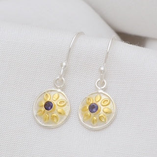 dual tone earrings, amethyst earrings, floral gold earrings, sterling silver jewellery, Susan Rose Jewellery