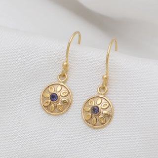 iolite gold earrings, floral gold drop earrings, small gold earrings, artisan gemstone earrings, Susan Rose Jewellery