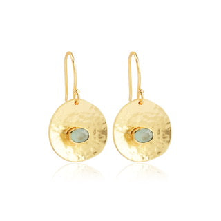 Cleo earrings, aqua chalcedony disc earrings, hammered gold earrings, boho gemstone earrings, Susan Rose Jewellery, artisan jewellery Australia, minimal gold earrings, coastal luxe accessories, handcrafted statement earrings