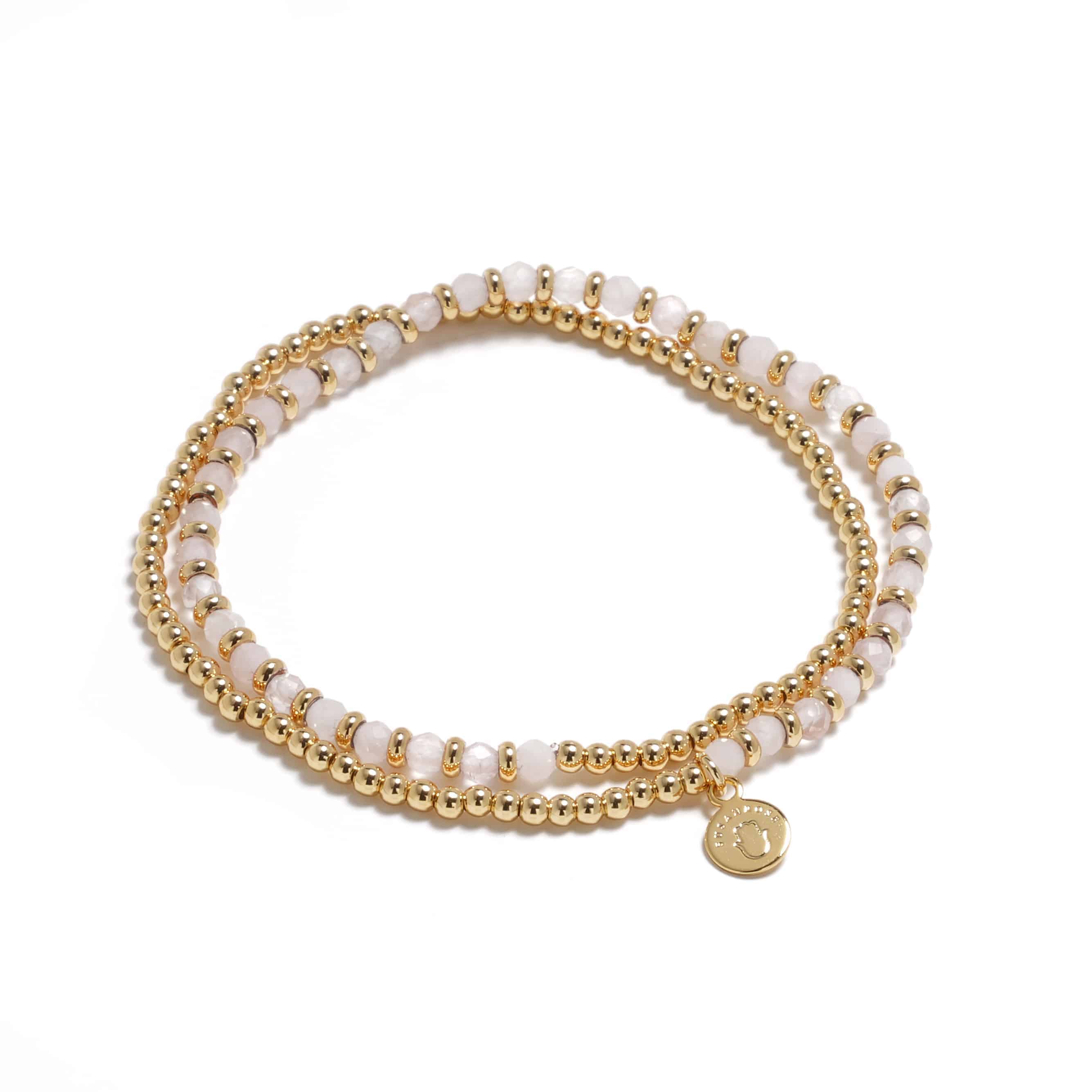 Mother of Pearl bracelet, pink and gold bracelet, gemstone bracelet Australia, Susan Rose Jewellery, luxury layering bracelet, stacking bracelet for women, crystal healing jewellery, handmade bracelets Melbourne, boho luxe accessories, elastic beaded bracelet