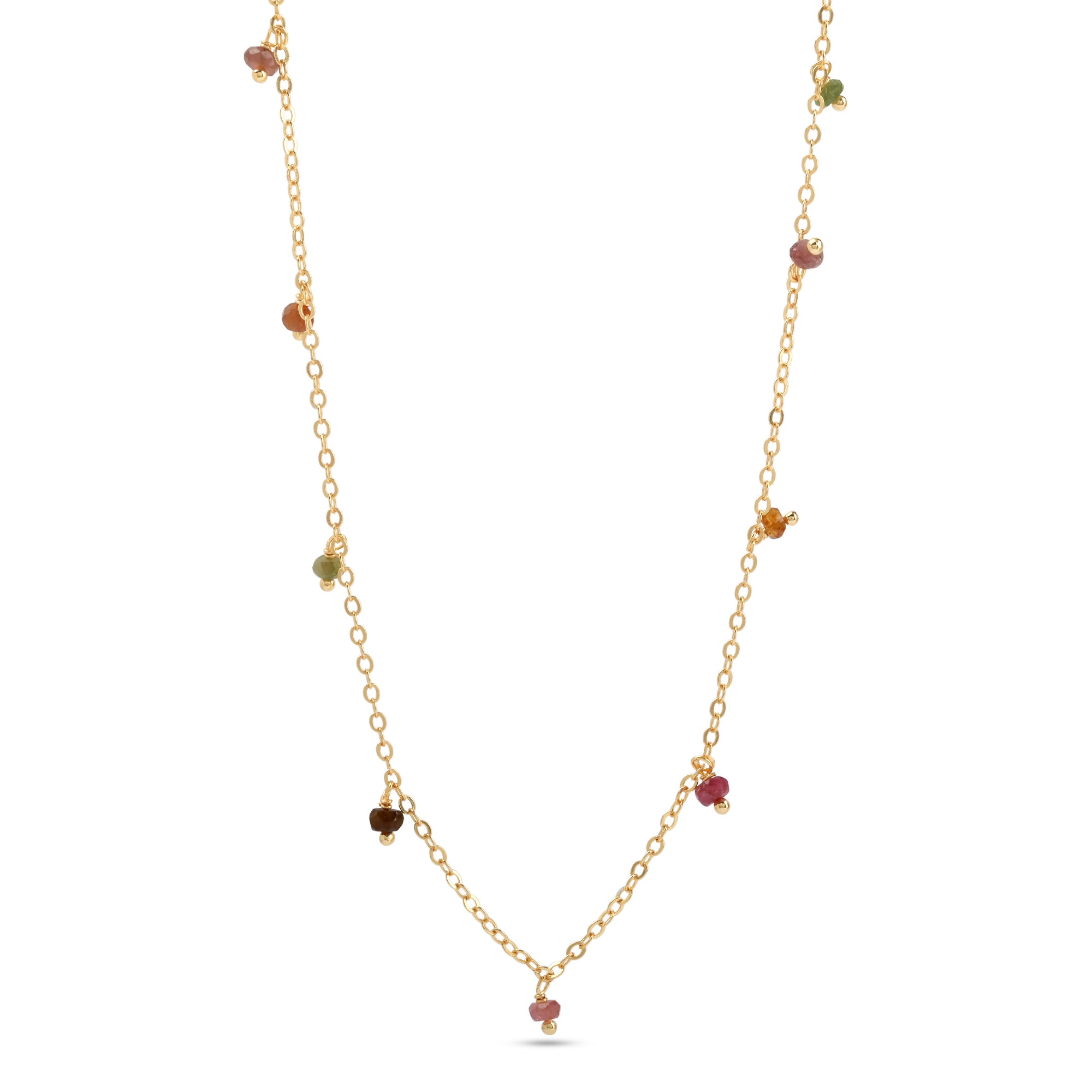 multi tourmaline necklace, dainty gemstone chain, colourful fine jewellery, gold tourmaline necklace Australia, boho luxe necklace, Susan Rose jewellery