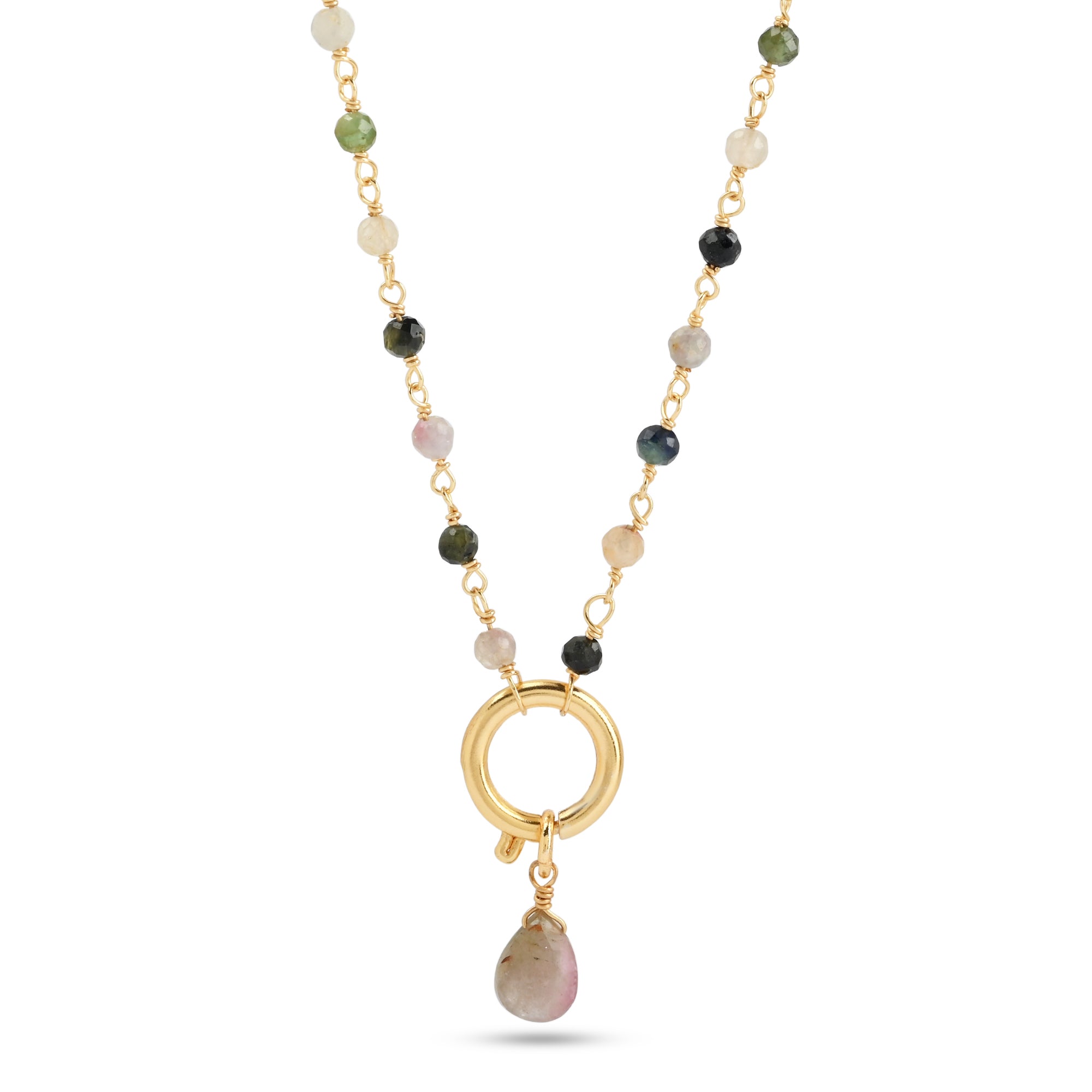 multi tourmaline necklace, gold toggle necklace, front clasp beaded necklace, Susan Rose jewellery, colourful gemstone drop pendant