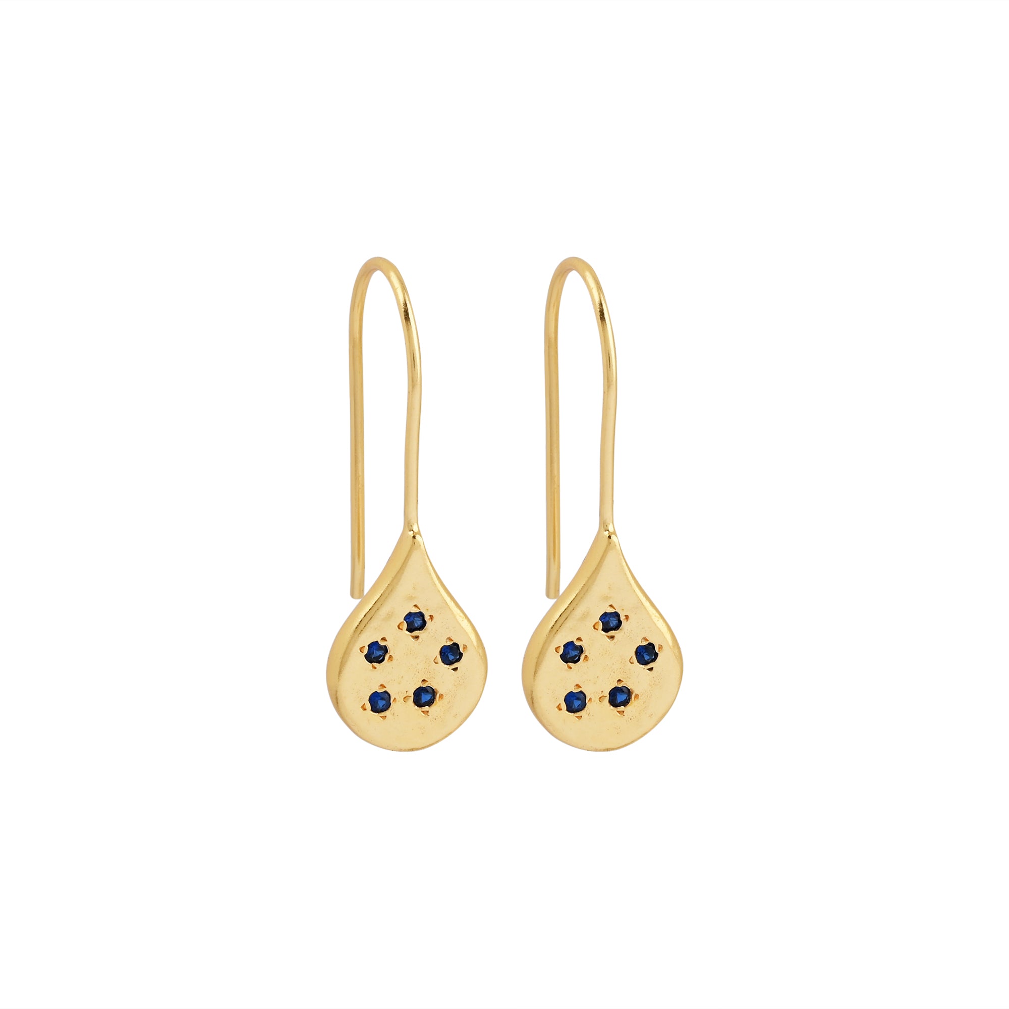 Gold teardrop earrings, blue CZ gold earrings, artisan gold drops, minimalist gemstone earrings, navy blue and gold jewellery, Susan Rose earrings, handmade gold earrings, Australian jewellery brands, textured gold drops