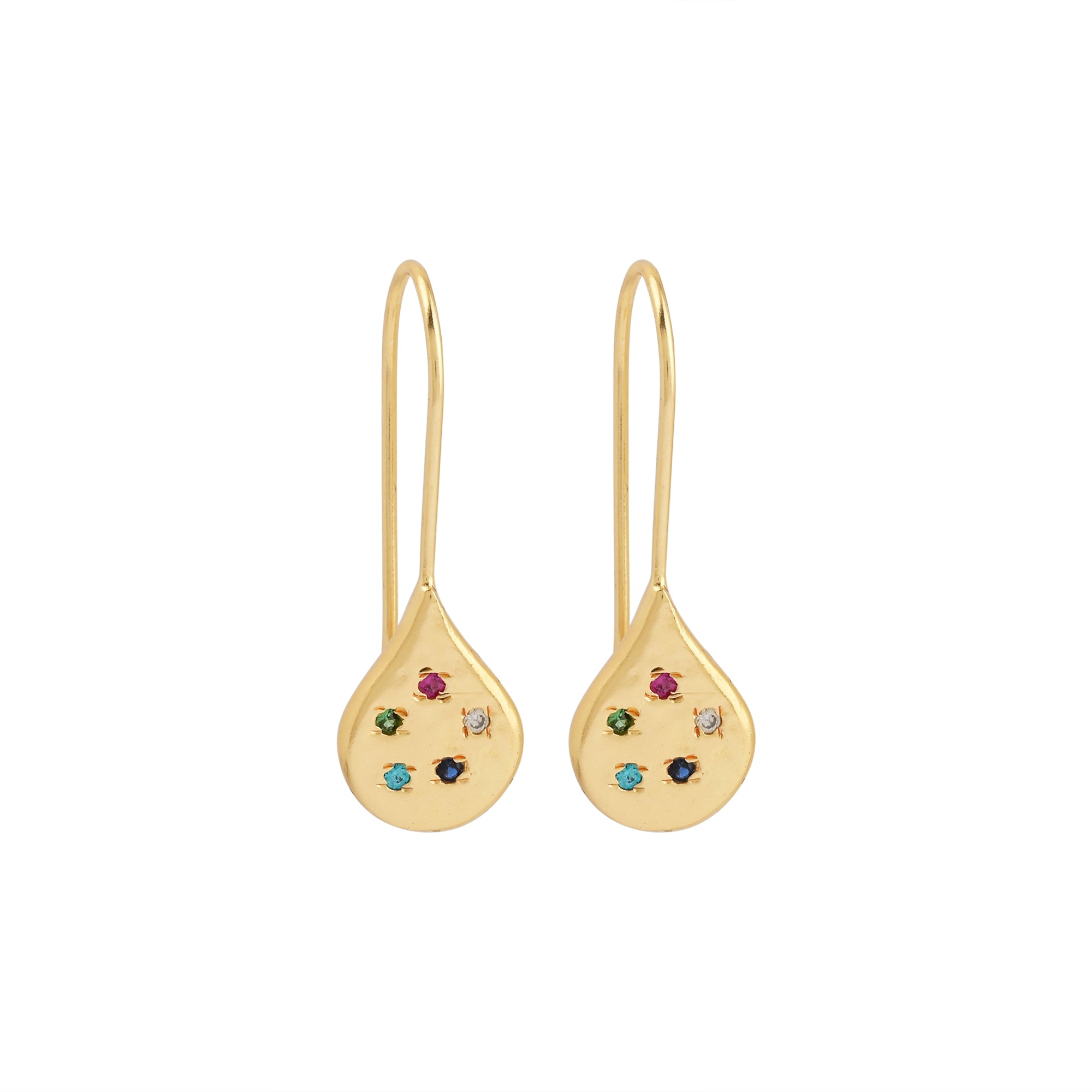 Gold earrings with coloured stones, multicoloured CZ earrings, playful gemstone drops, Susan Rose Jewellery, teardrop earrings Australia, artisan colourful earrings, handmade gold jewellery, joyful drop earrings, rainbow earrings