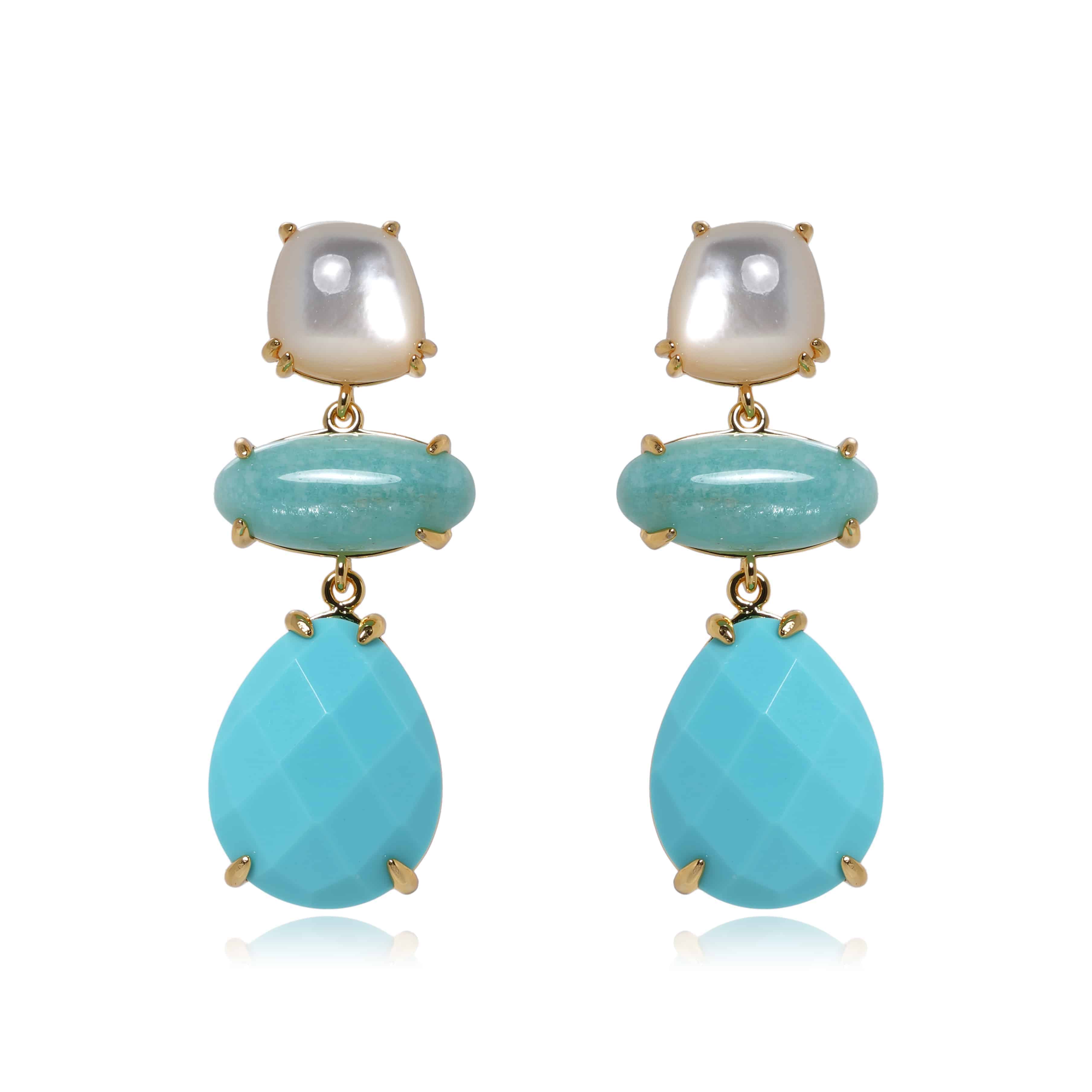 Statement drop earrings, turquoise and pearl earrings, multi gemstone earrings, Susan Rose Jewellery, bold colourful earrings, fashion earrings Australia, modern boho accessories, luxury gemstone earrings, gold statement jewellery, resort-ready earrings