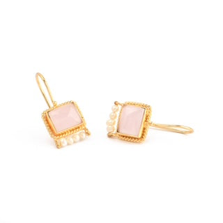 Rose quartz earrings, gold and pearl earrings, pink gemstone jewellery, Susan Rose Jewellery, handmade earrings Australia, feminine gemstone earrings, soft romantic earrings, dainty pearl earrings