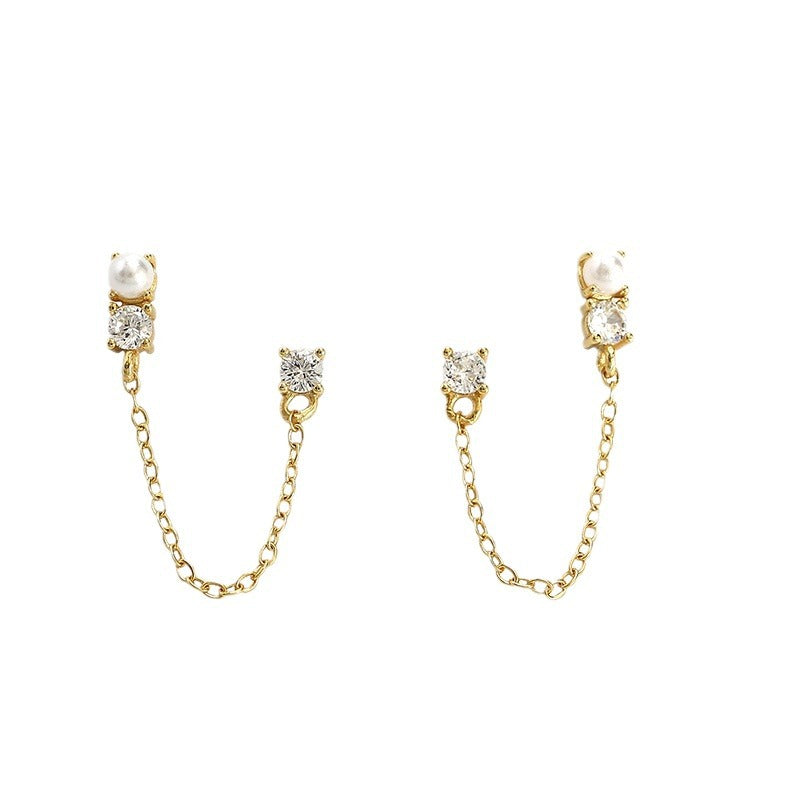chain drop earrings, pearl and cz earrings, gold chain earrings, double stud earrings, edgy pearl earrings, bridal chain earrings, dainty gold statement earrings