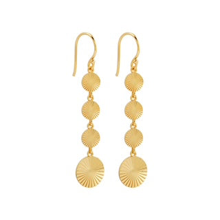 Gold drop earrings, sunburst gold earrings, long gold earrings, statement earrings Australia, Susan Rose Jewellery, lightweight fashion earrings, boho luxe accessories, tiered gold earrings, gold dangle earrings, handmade jewellery Melbourne