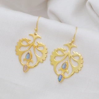 labradorite gold earrings, brushed gold gemstone earrings, boho luxe jewellery, artisan gold drops, Susan Rose Jewellery