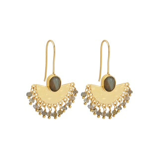 labradorite statement earrings, gold fan earrings, bohemian evening jewellery, Susan Rose Jewellery, labradorite fan drops, handmade labradorite earrings, gemstone fringe earrings, dramatic gold dangles