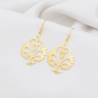 brushed gold statement earrings, exotic cut-out earrings, gold artisan earrings, Susan Rose Jewellery, lightweight gold dangles