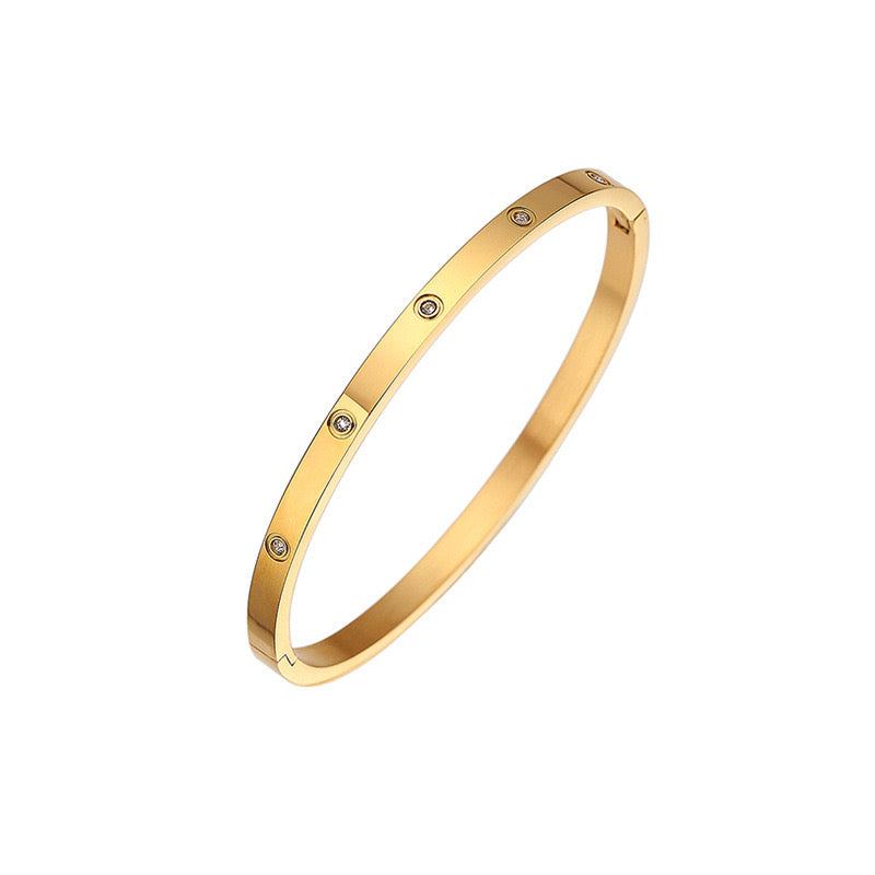 stainless steel gold CZ bangle, 4mm gold bracelet, cubic zirconia stainless steel jewellery, stackable gold bangle, minimalist gold bracelet