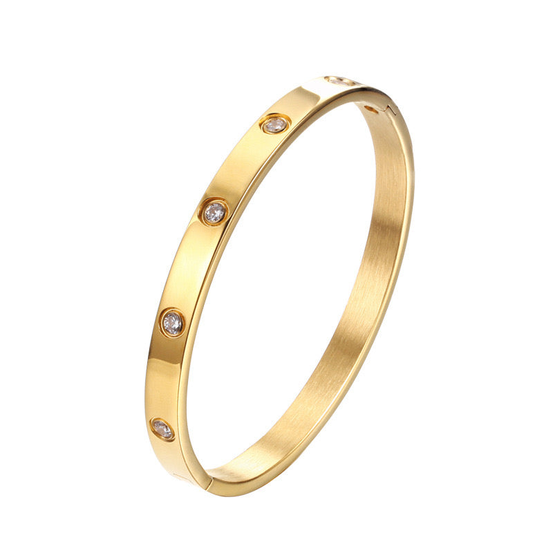 stainless steel CZ gold bangle, 6mm gold bracelet, cubic zirconia gold bangle, bold gold wristwear, gold jewellery with stones