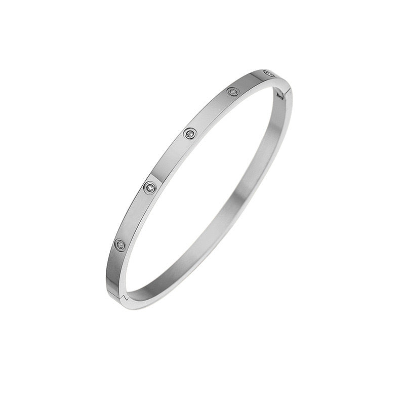 silver stainless steel bangle, 4mm CZ bangle, women’s silver bracelet, stainless steel jewellery, minimalist bangle bracelet