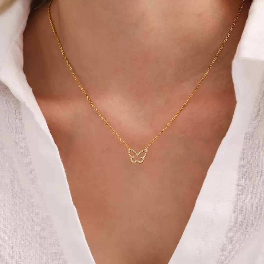 butterfly necklace gold, stainless steel butterfly pendant, dainty CZ necklace, gold spiritual jewellery, Susan Rose Jewellery