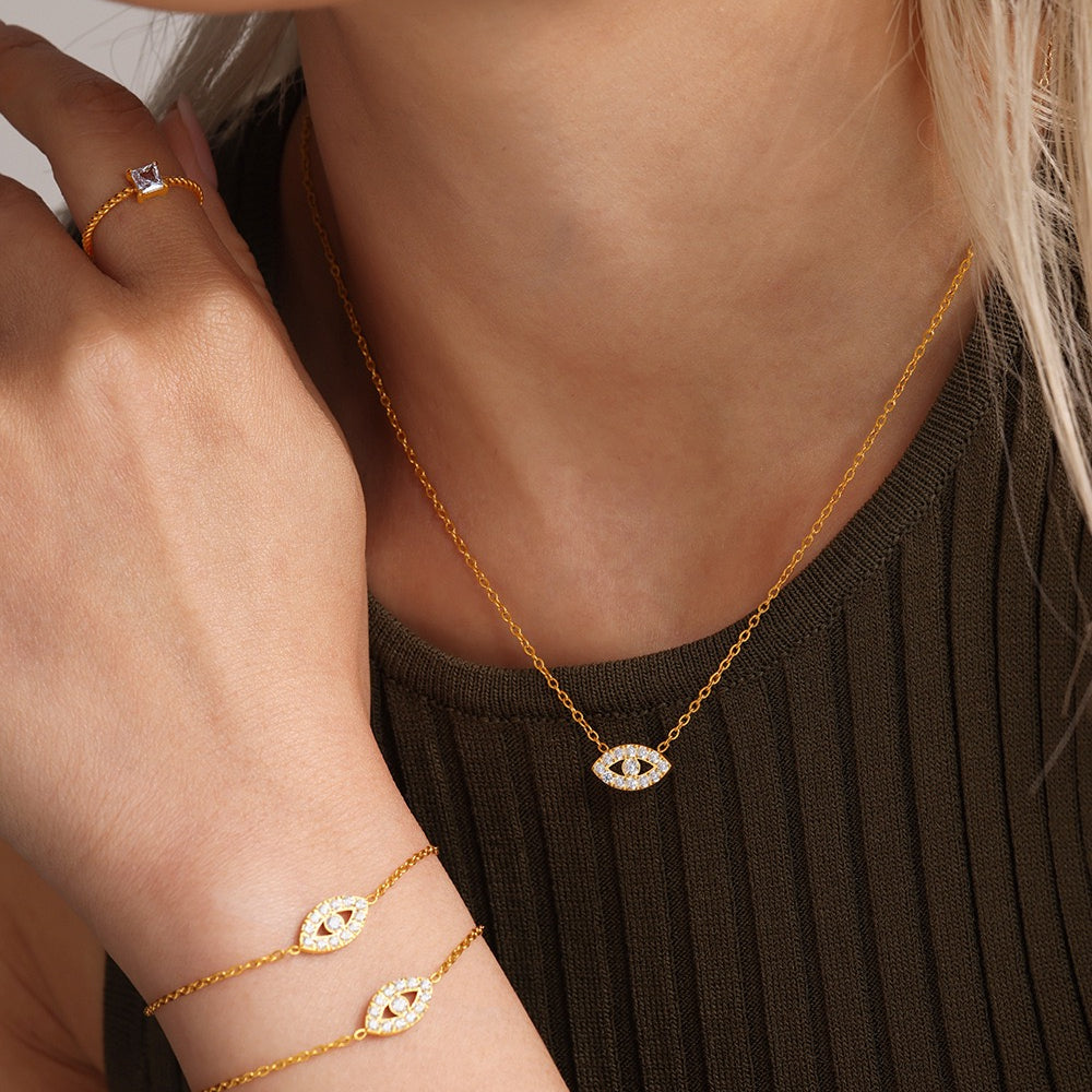 evil eye necklace, CZ gold necklace, spiritual jewellery, eye pendant gold, stainless steel necklace, Susan Rose Jewellery