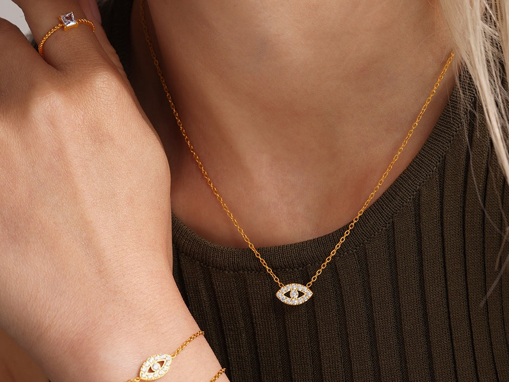 evil eye necklace, CZ gold necklace, spiritual jewellery, eye pendant gold, stainless steel necklace, Susan Rose Jewellery