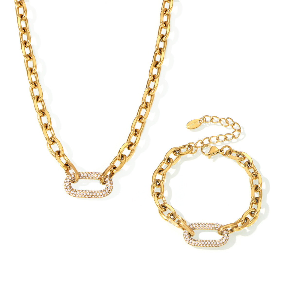 chunky gold chain necklace, CZ gold jewellery set, stainless steel link set, glam necklace and bracelet, Susan Rose Jewellery