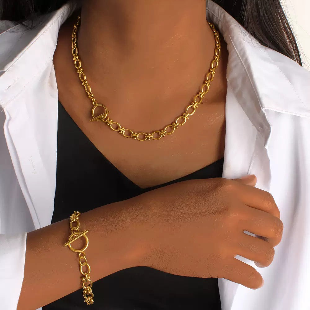 chunky toggle bracelet, gold fob chain, stainless steel statement bracelet, Susan Rose Jewellery, bold gold bracelet
