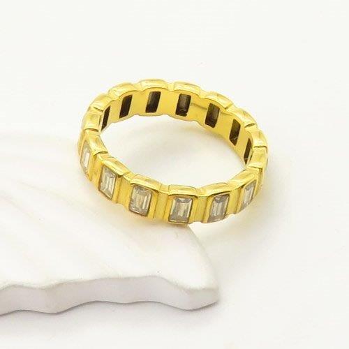 clear baguette eternity ring, CZ baguette gold ring, stainless steel gold stacking ring, luxury look ring, Susan Rose Jewellery