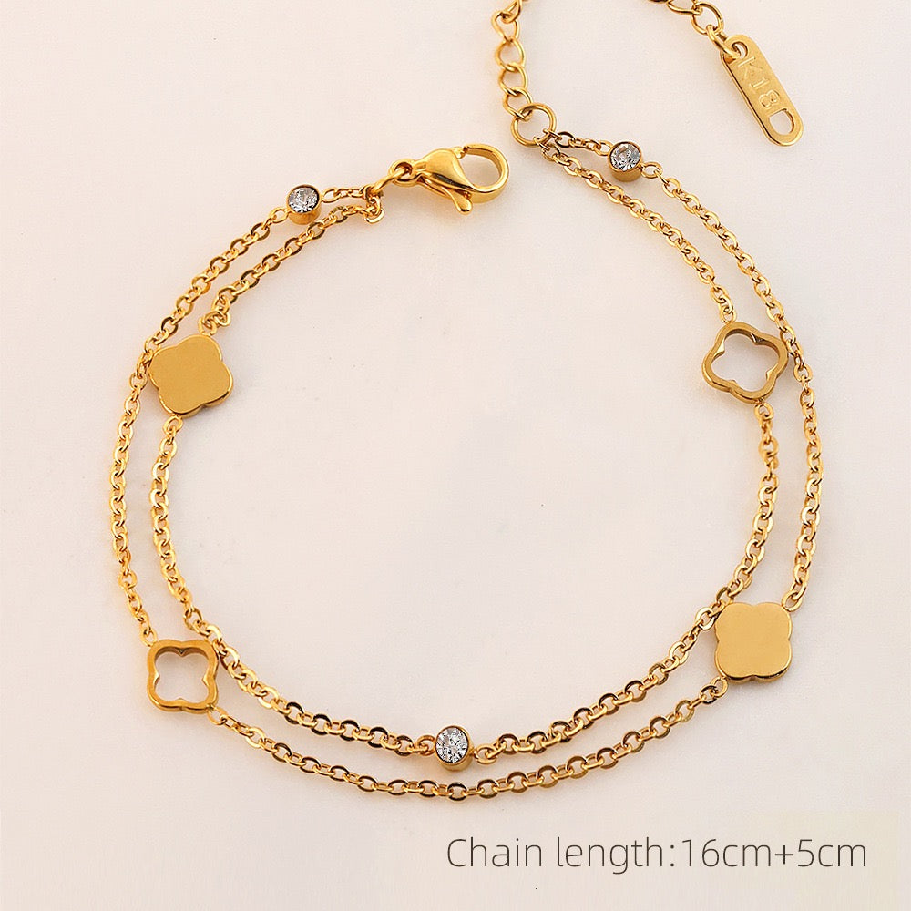 double chain clover bracelet, gold layered bracelet, stainless steel charm bracelet, Susan Rose Jewellery, dainty CZ clover