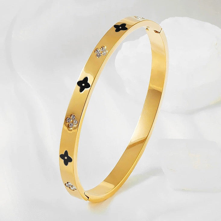 black clover bangle, gold enamel bracelet, stainless steel CZ jewellery, Susan Rose Jewellery, symbolic bangle