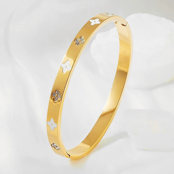 white clover bracelet, gold bangle with enamel, stainless steel jewellery, Susan Rose Jewellery, elegant lucky bracelet