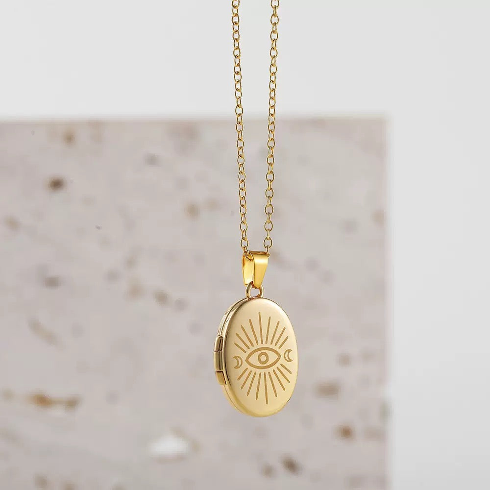 eye locket gold, spiritual gold necklace, engraved locket necklace, waterproof gold jewellery, stainless steel locket, Susan Rose Jewellery