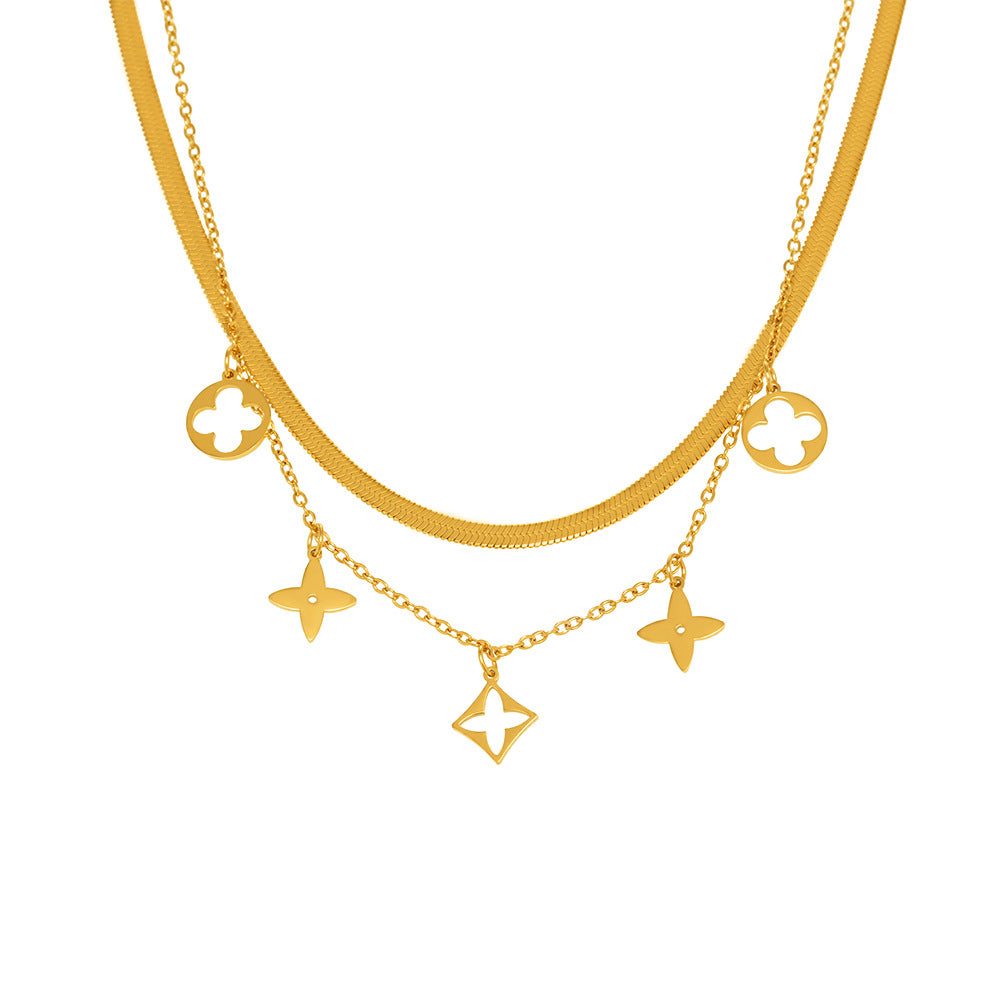 layered gold necklace, stainless steel clover necklace, designer-inspired gold jewellery, statement gold necklace, Susan Rose Jewellery