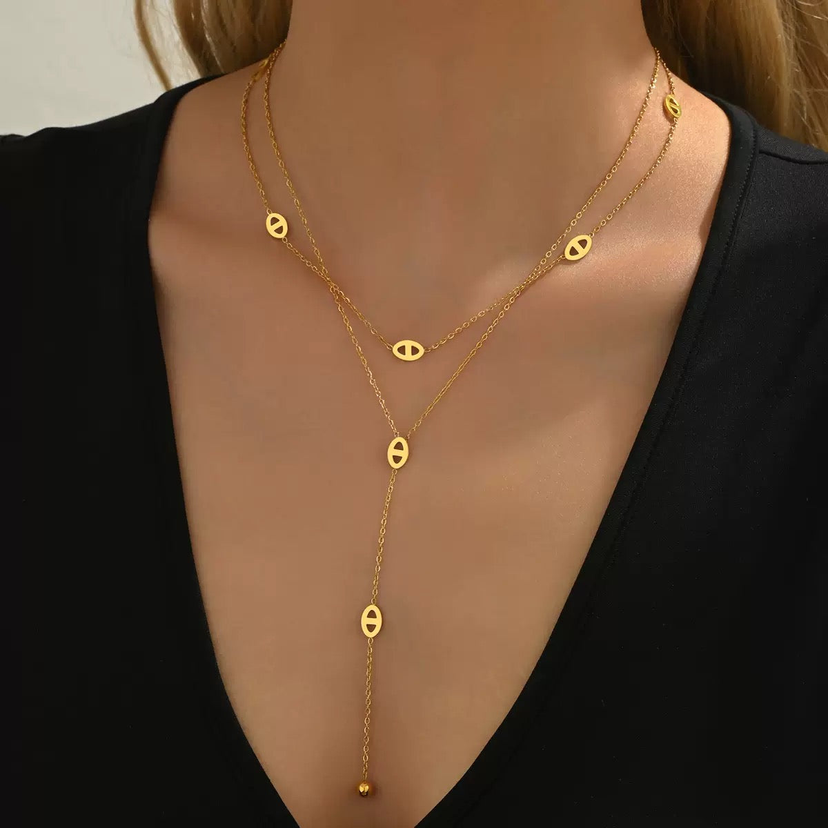 gold lariat necklace, evil eye lariat, double chain gold necklace, stainless steel layering jewellery, Susan Rose Jewellery