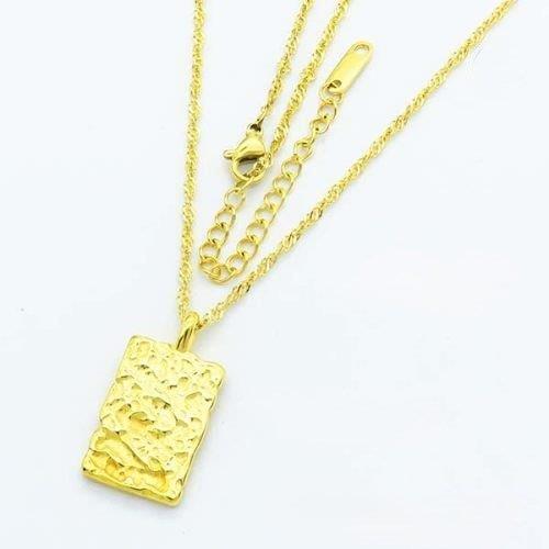hammered gold necklace, rectangle pendant necklace, textured gold pendant, stainless steel jewellery, Susan Rose Jewellery