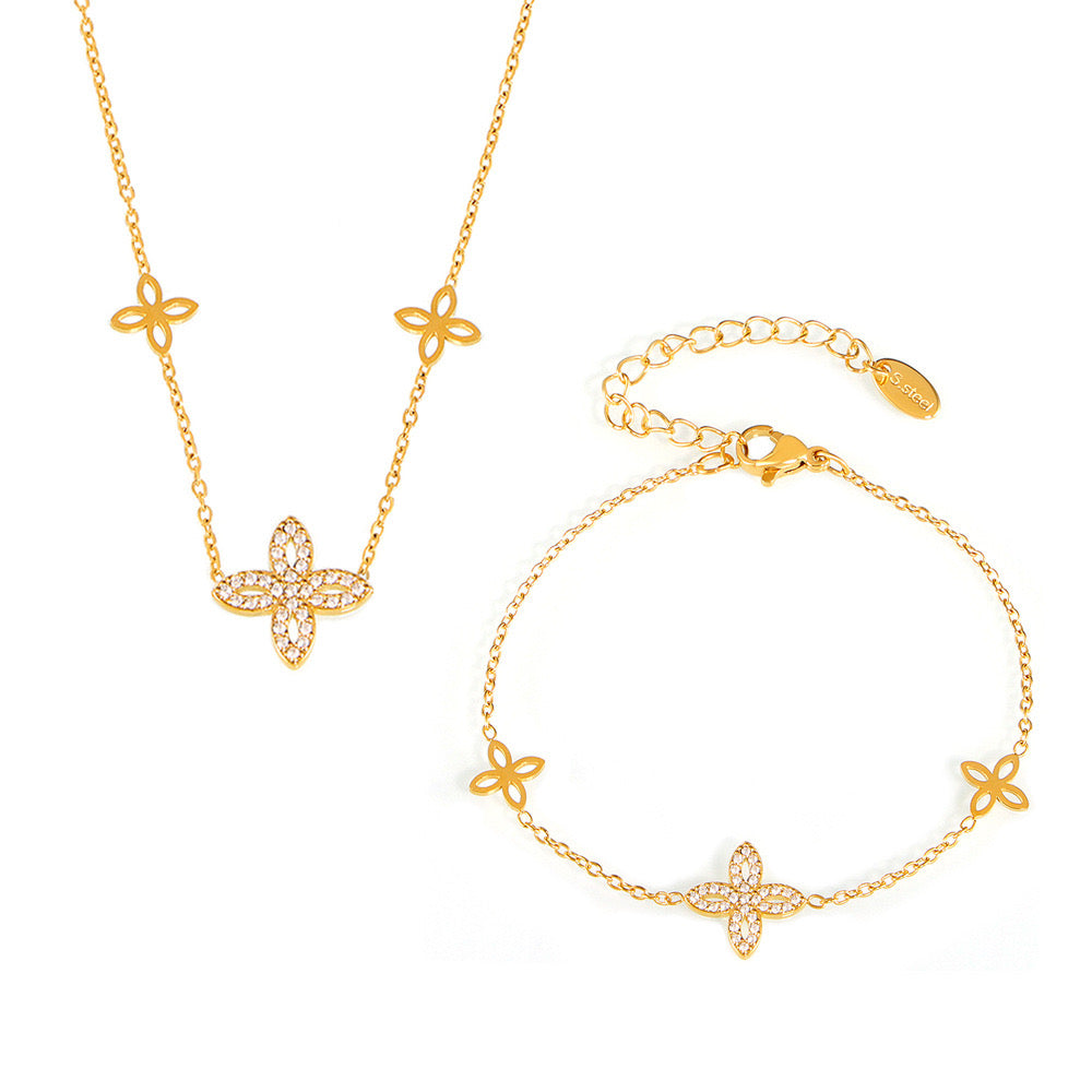 floral gold necklace, dainty flower jewellery, stainless steel jewellery set, matching gold necklace and bracelet, Susan Rose Jewellery
