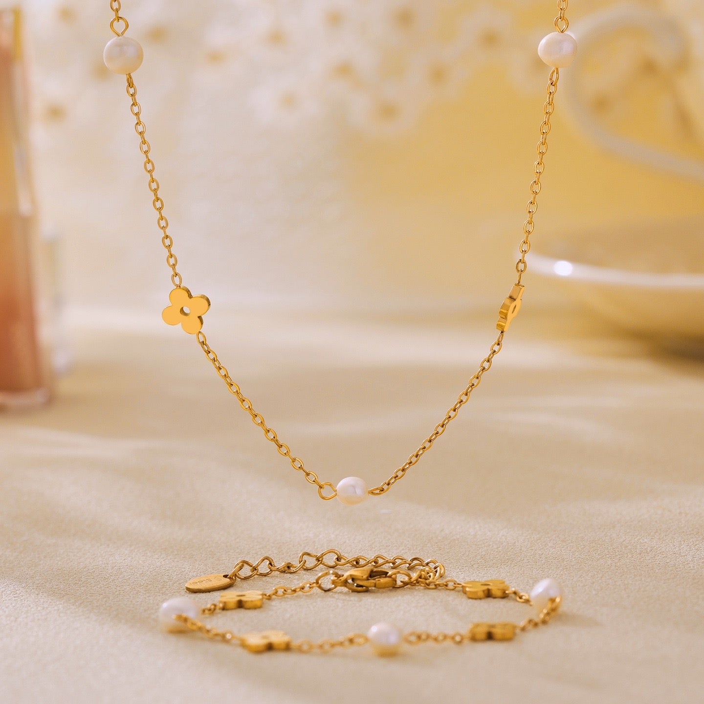 pearl clover jewellery set, gold necklace bracelet set, stainless steel pearl jewellery, Susan Rose Jewellery, delicate matching set