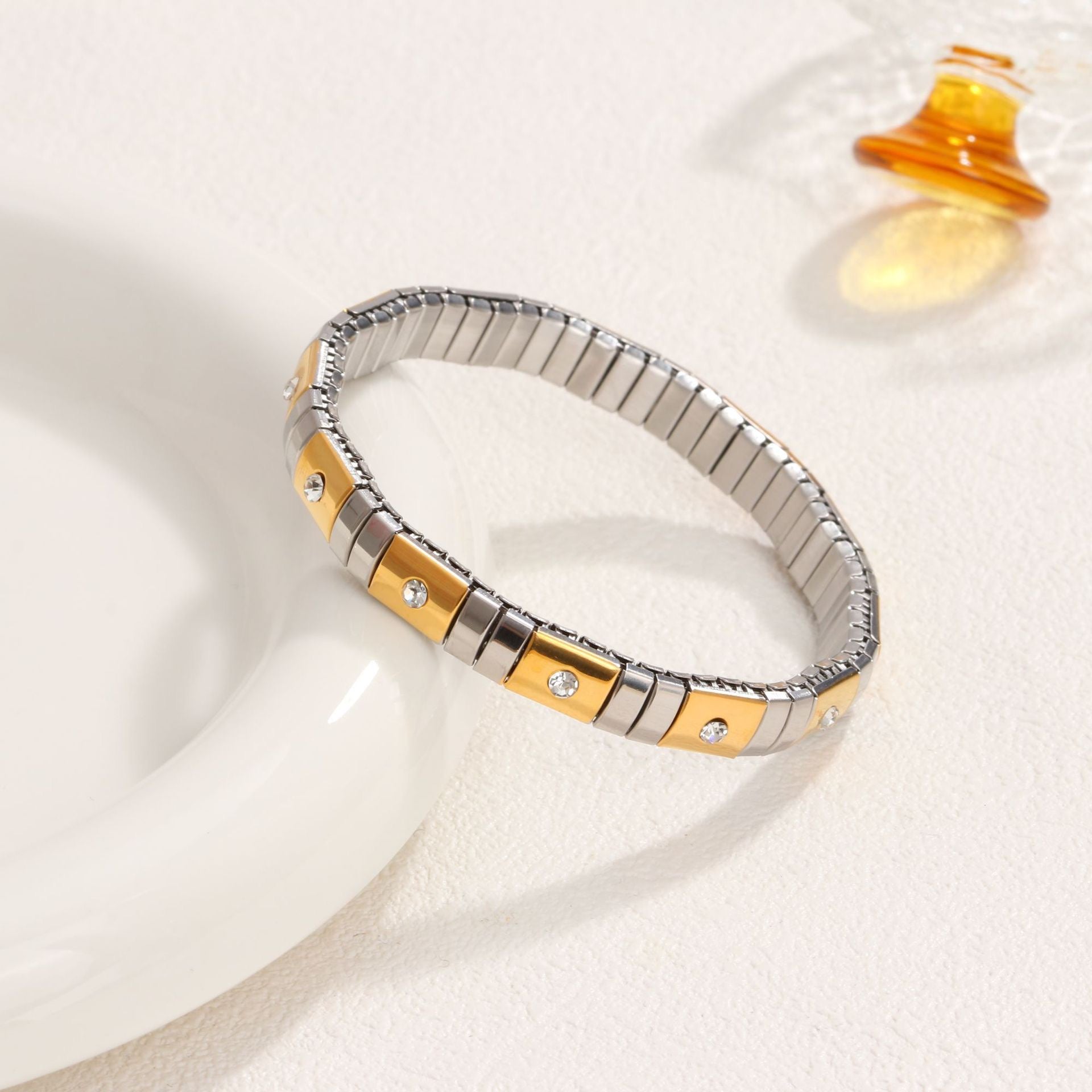 two-tone stretch bracelet, stainless steel flexible bracelet, unisex CZ bangle, gold and silver stretch bracelet, Susan Rose Jewellery