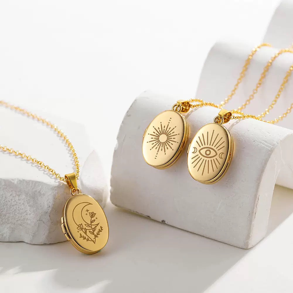 sunburst locket necklace, gold stainless steel jewellery, meaningful gold necklace, celestial pendant, Susan Rose Jewellery